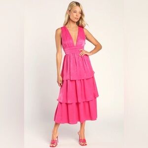 NWT Lulus Peak Party Vibe Hot Pink Satin Tiered Tie-Back Midi Dress
